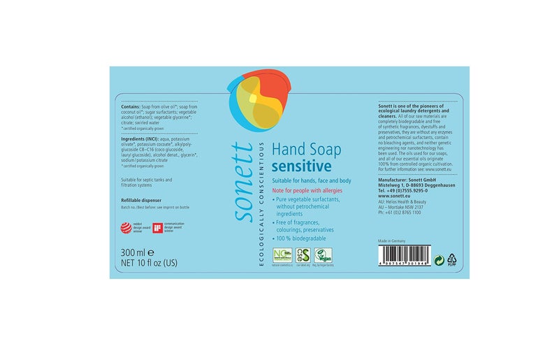 Sonett Organic Hand Soap Sensitive Liquid Body Care Suitable For Hands, Face And Body (1 Count) Certified Organically Grown - Image 3